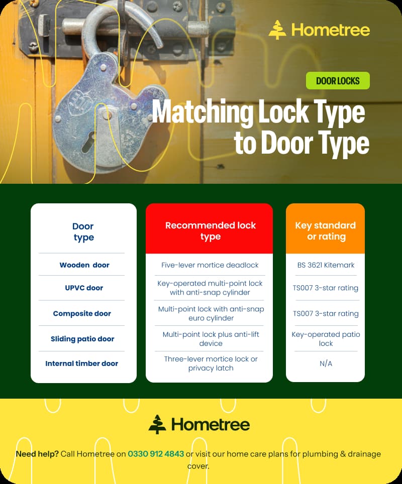 Infographic matching five door types to their recommended lock type and key security standard, covering wooden, UPVC, composite, sliding patio, and internal timber doors.