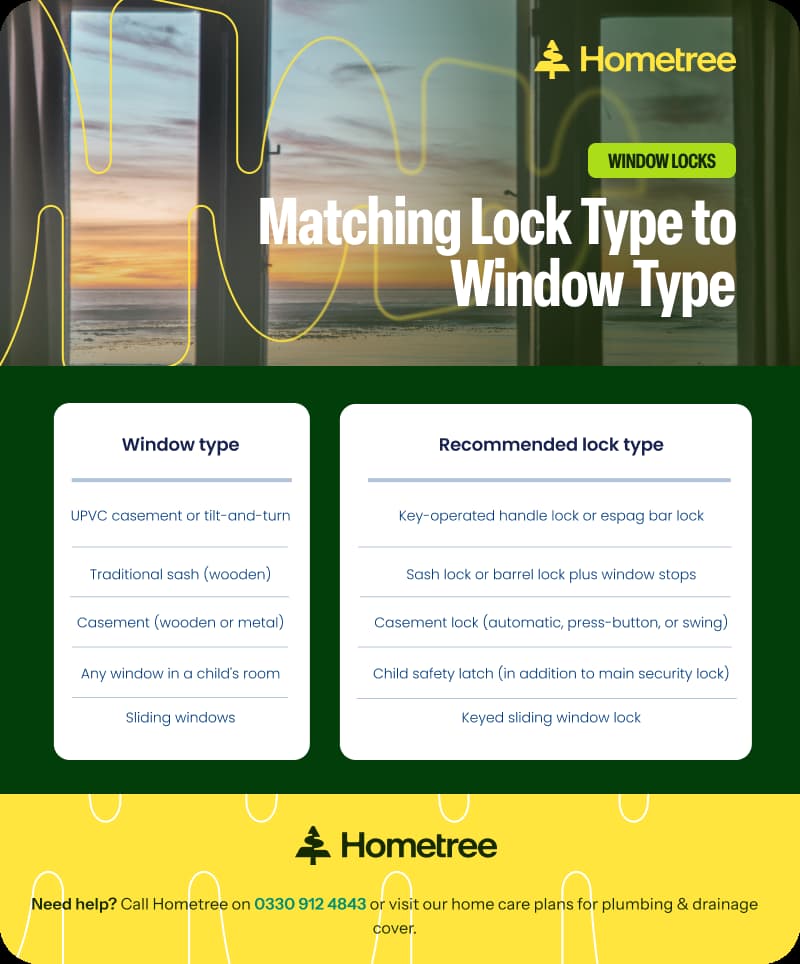Infographic matching five window types to their recommended lock type, covering UPVC casement, traditional sash, wooden or metal casement, children's room windows, and sliding windows.