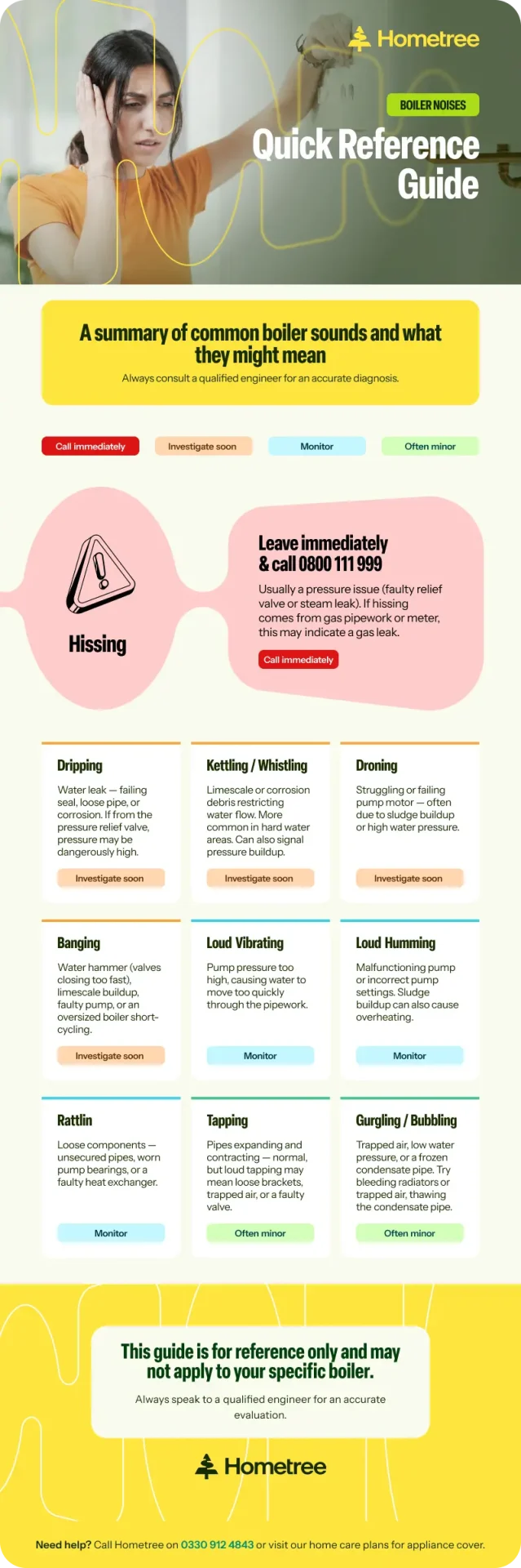 A Hometree infographic titled "Boiler Noises Quick Reference Guide: A summary of common boiler sounds and what they might mean." It uses a colour-coded urgency system — red (Call immediately), orange (Investigate soon), teal (Monitor), and green (Often minor) — to categorise ten boiler noises. Hissing is flagged as an emergency: leave the property and call 0800 111 999, as it may indicate a gas leak. Dripping, kettling/whistling, droning, and banging are rated Investigate soon. Loud vibrating and loud humming are rated Monitor. Rattling, tapping, and gurgling/bubbling are rated Often minor. Each noise includes a brief description of likely causes. A footer note states the guide is for reference only and advises consulting a qualified engineer.